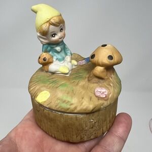 Vtg Homco PIXIE‎ & MUSHROOM Keepsake Trinket Box Bisque 3.75" Woodland Fairy Elf